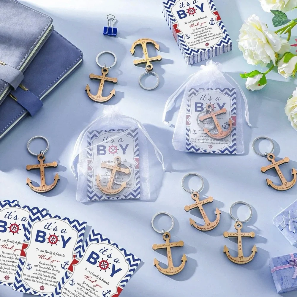 It's A Boy Anchor Keychain 50 Nautical Baby Shower Thank You Cards - Gift Sets